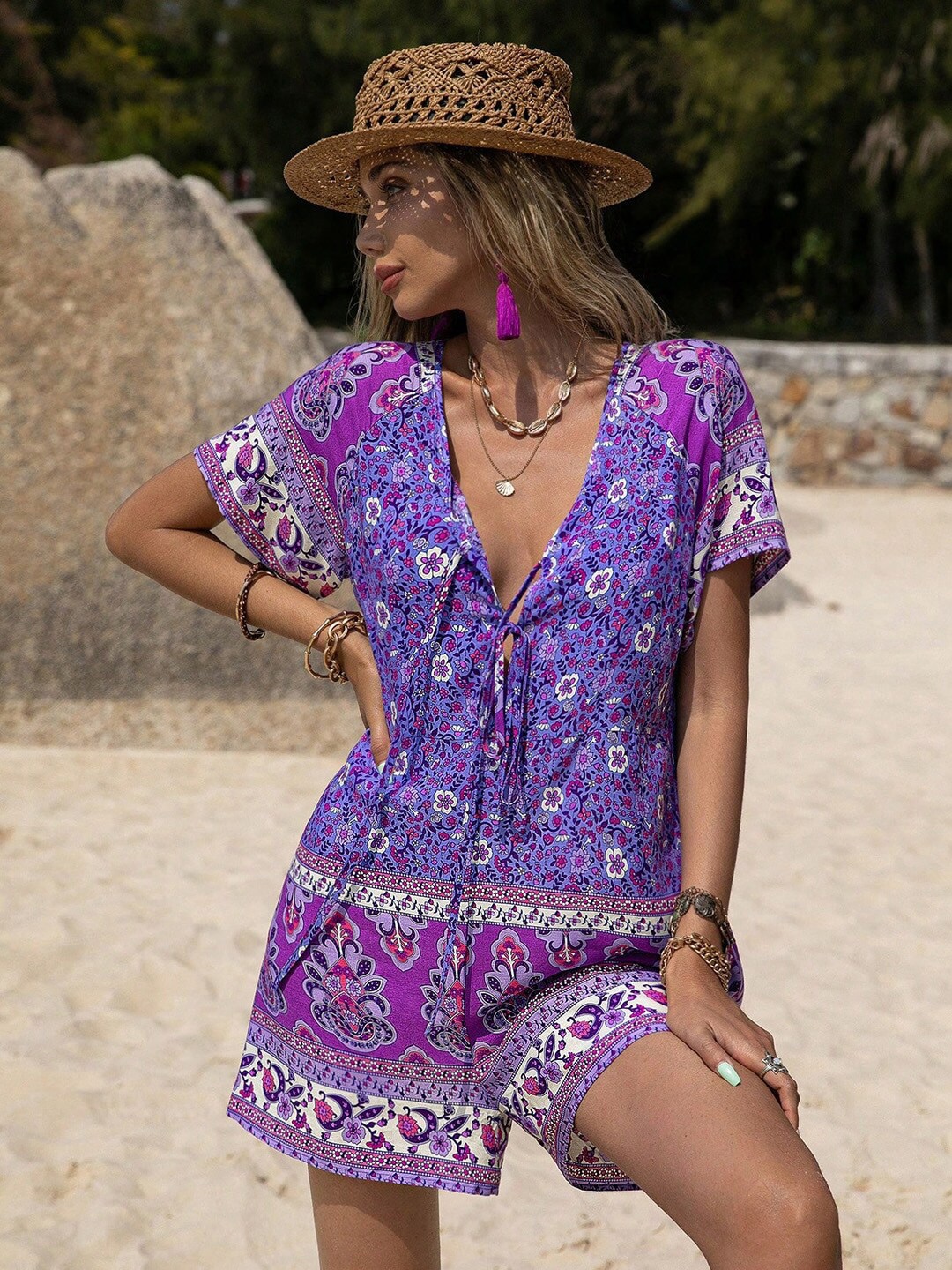 

JC Mode Floral Printed Tie-Up Neck Playsuit, Purple