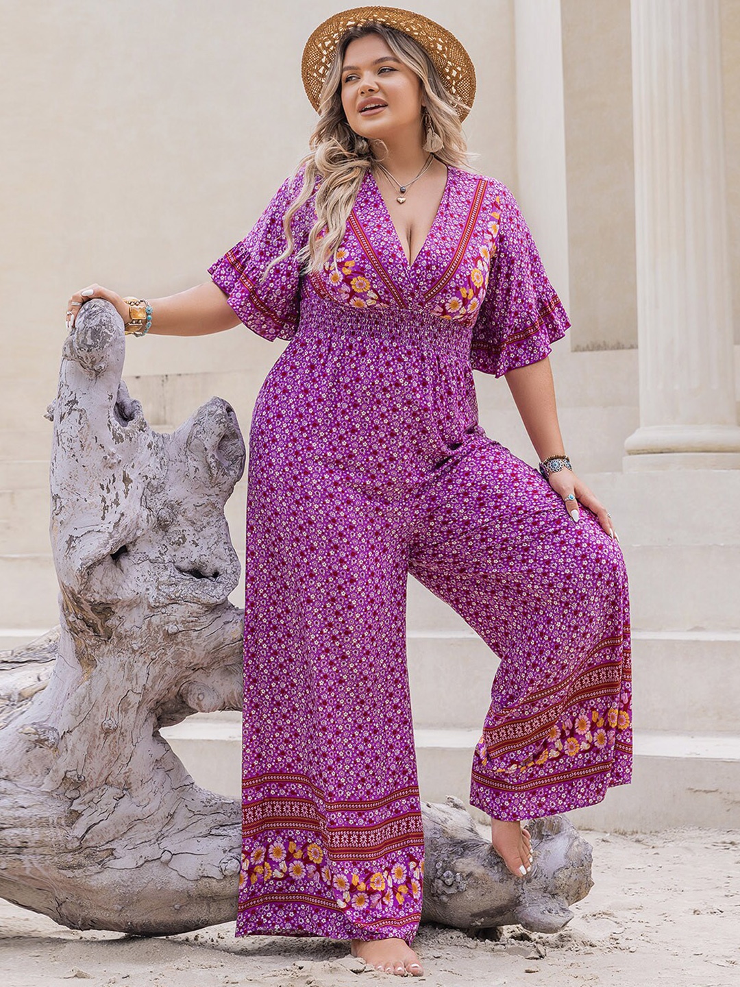 

JC Mode Plus Size Floral Printed V-Neck Basic Jumpsuit, Purple