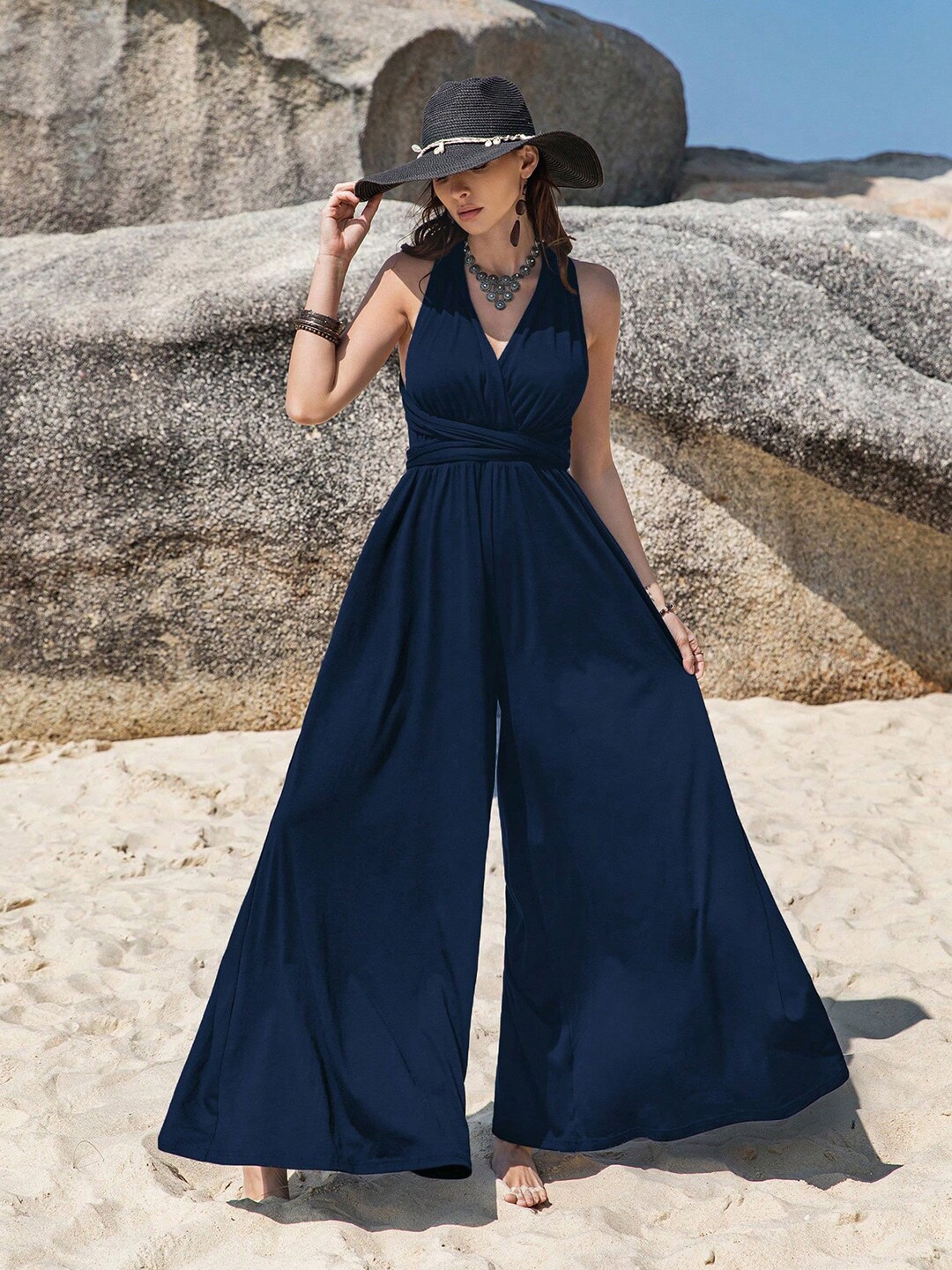 

JC Mode V-Neck Sleeveless Culotte Jumpsuit, Blue