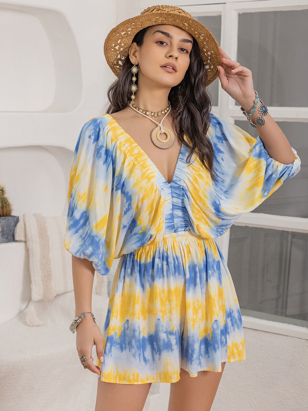 

JC Mode Printed V-Neck Cuff Sleeves Playsuit, Blue