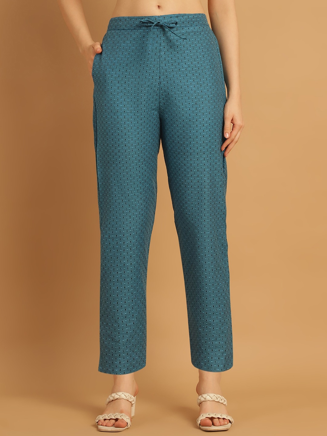 

Aarsha Women Mid-Rise Geometric Textured Cotton Cigarette Trousers, Turquoise blue