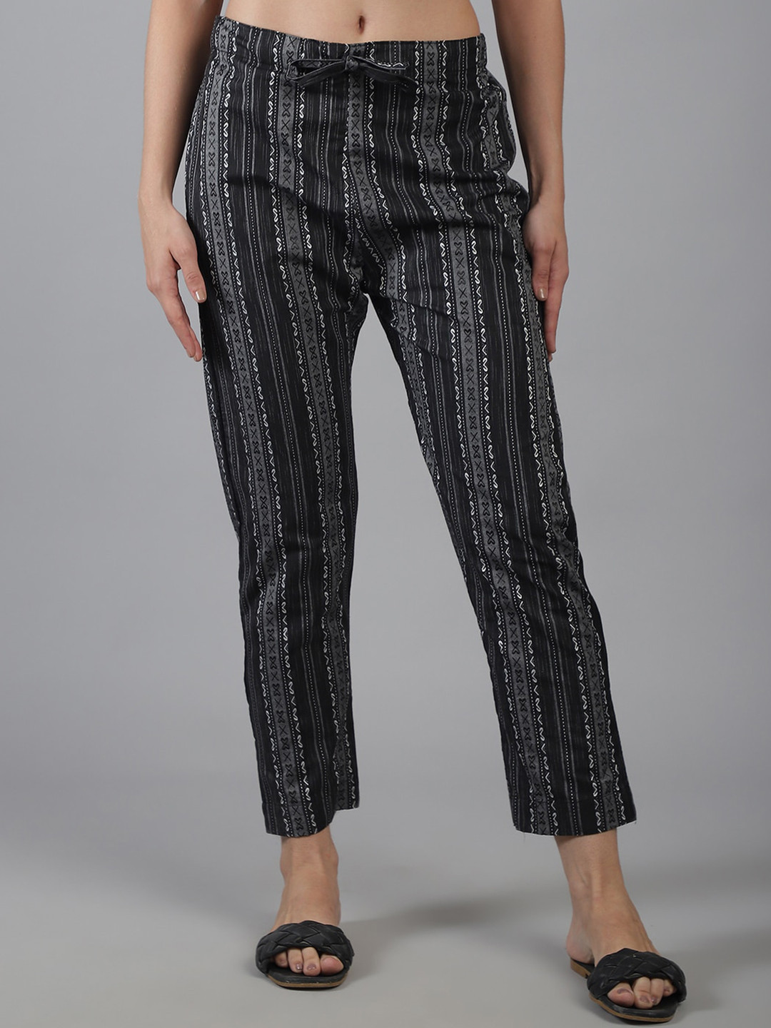 

Aarsha Women Regular Fit Mid-Rise Striped Cotton Trousers, Black