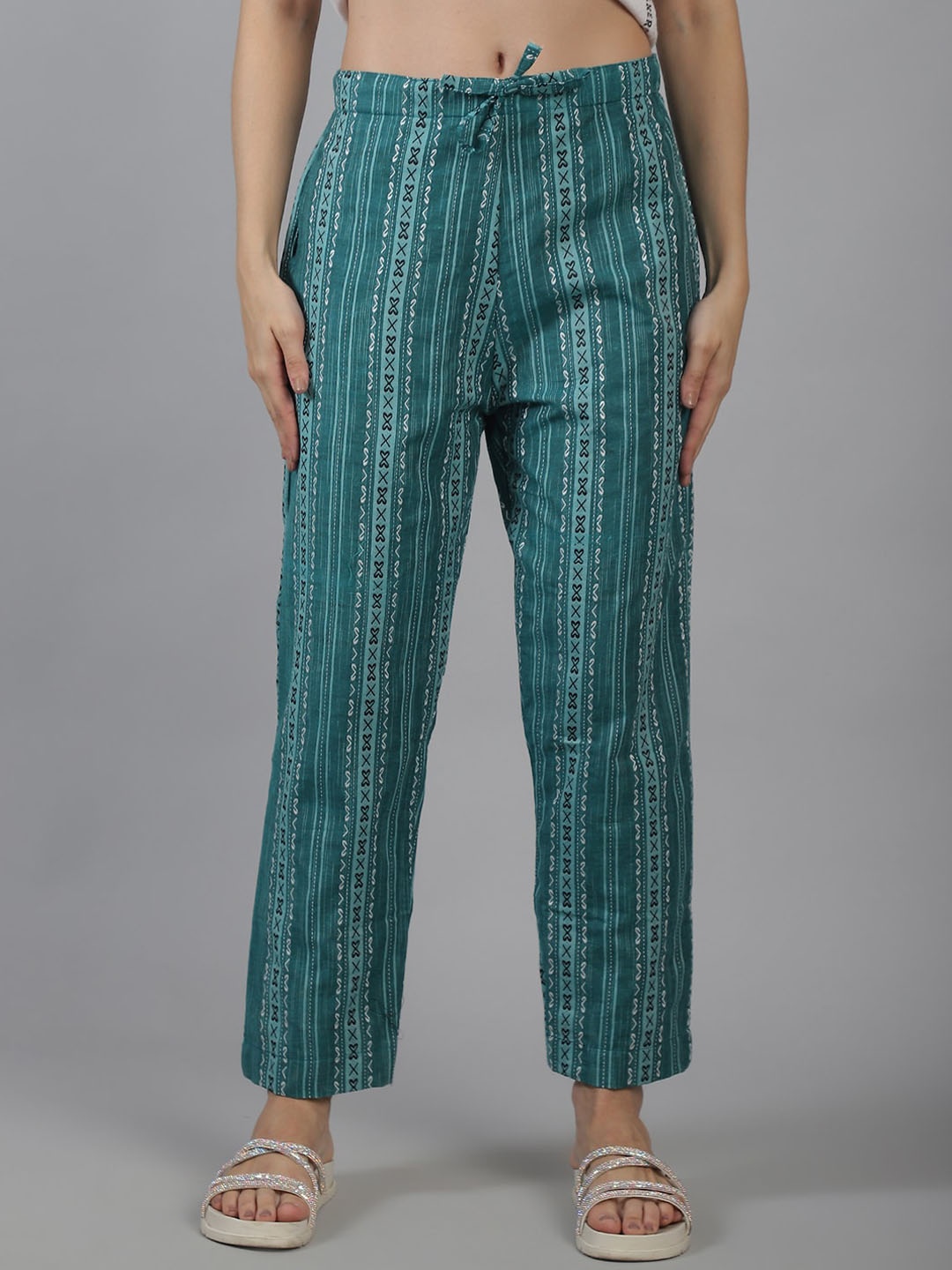 

Aarsha Women Striped Mid-Rise Cotton Regular Trousers, Turquoise blue