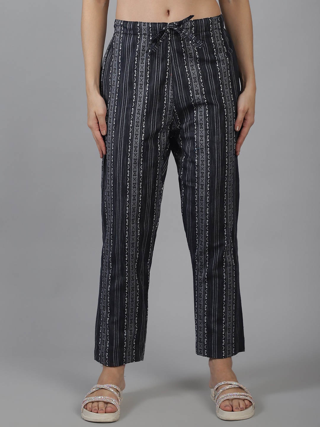 

Aarsha Women Striped Low-Rise Cotton Trouser, Grey