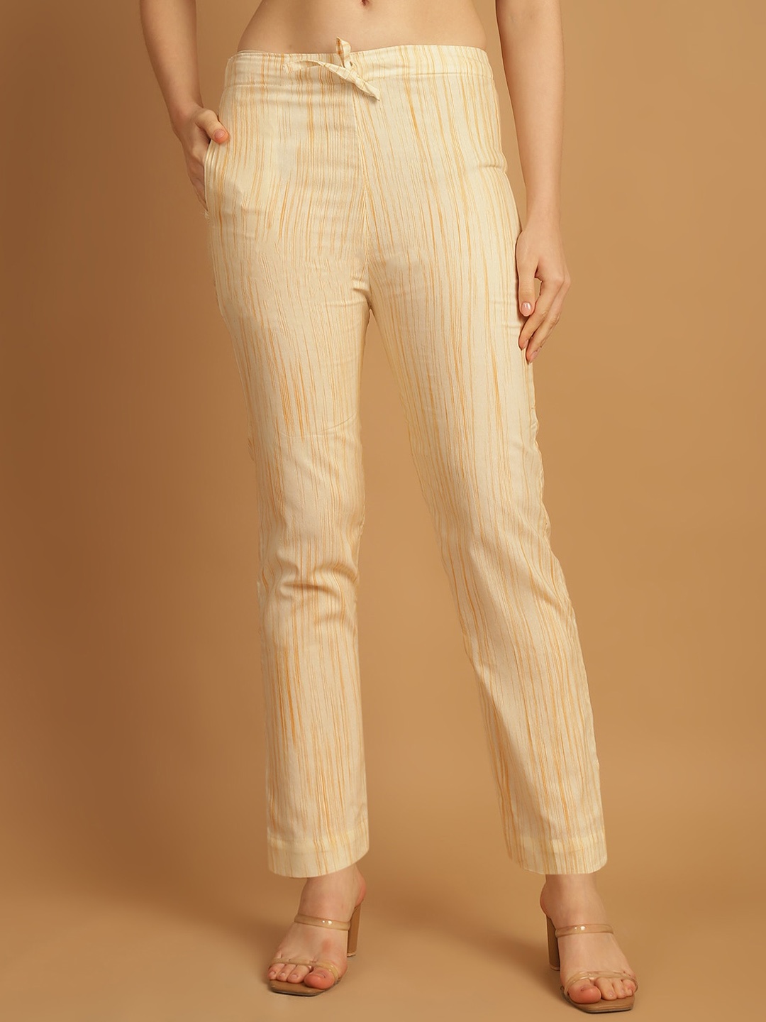 

Aarsha Women Striped Mid-Rise Cotton Cigarette Trouser, Beige