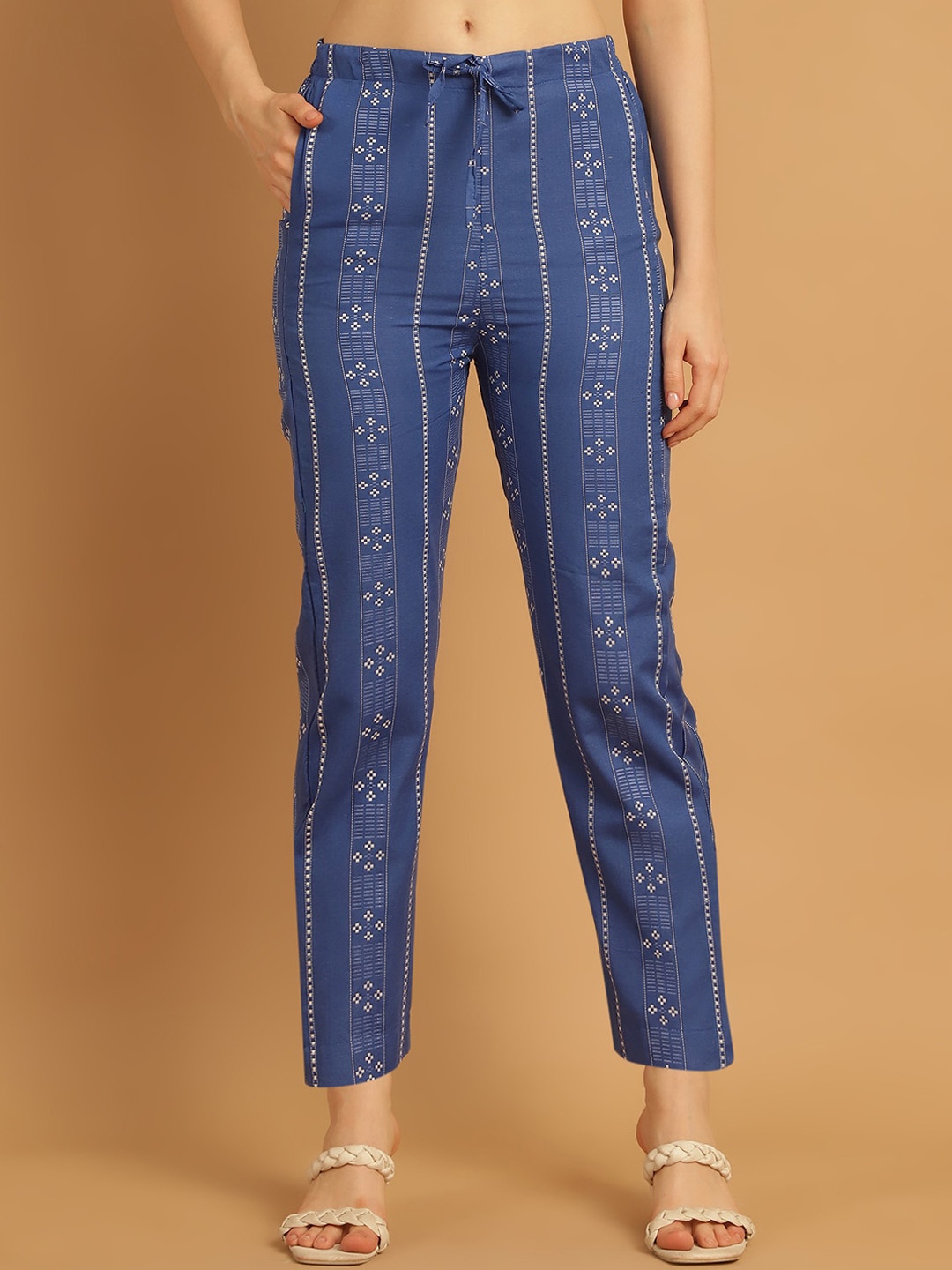 

Aarsha Women Ethnic Motifs Self Design Low-Rise Cotton Cigarette Trouser, Blue