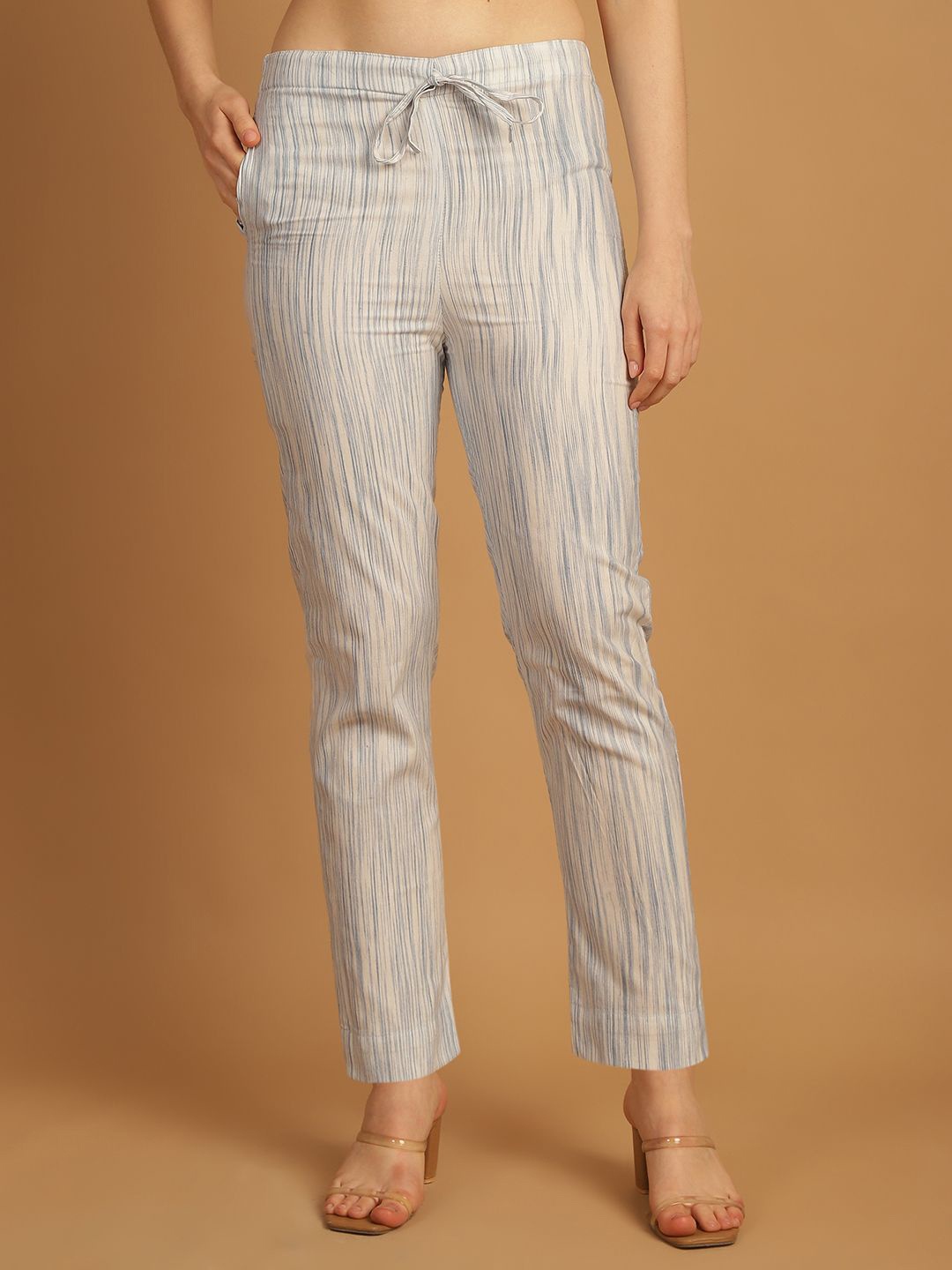 

Aarsha Women Striped Printed Mid-Rise Cotton Cigarette Trousers, Off white
