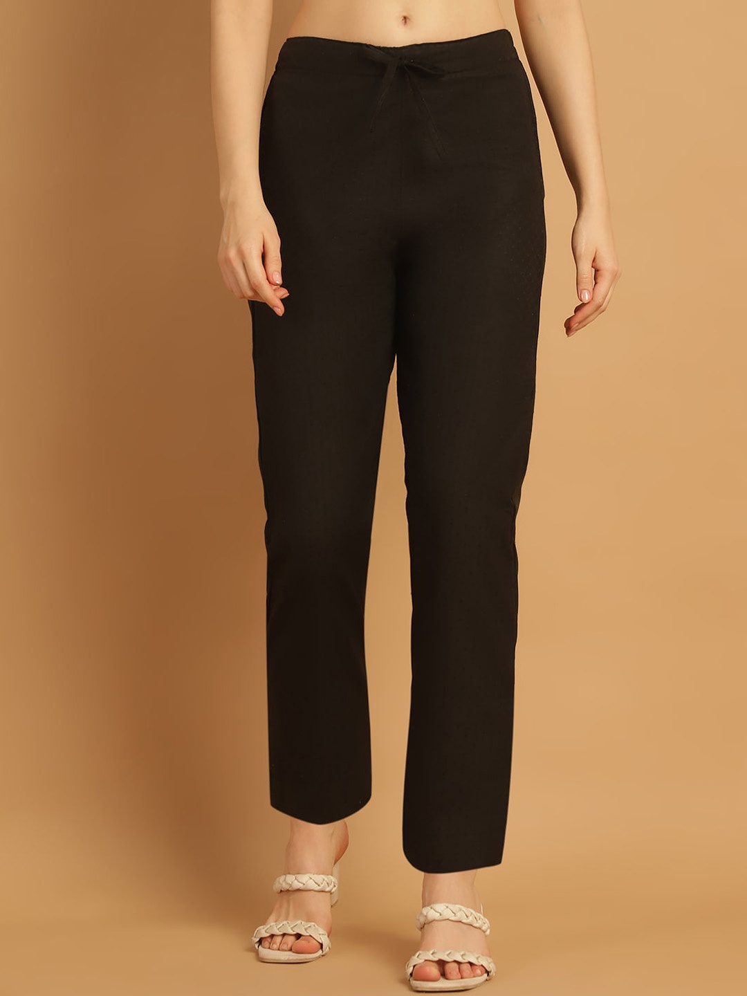 

Aarsha Women Striped Textured Low-Rise Cotton Cigarette Trouser, Black