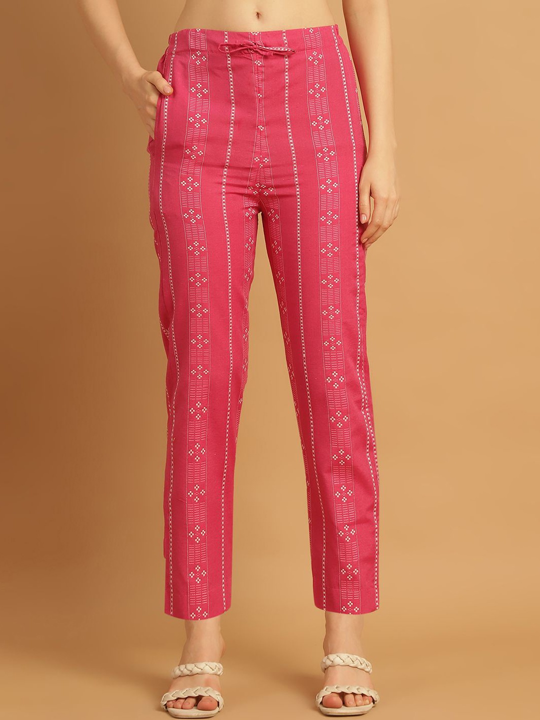 

Aarsha Women Ethnic Motifs Self Design Mid-Rise Cotton Trouser, Pink