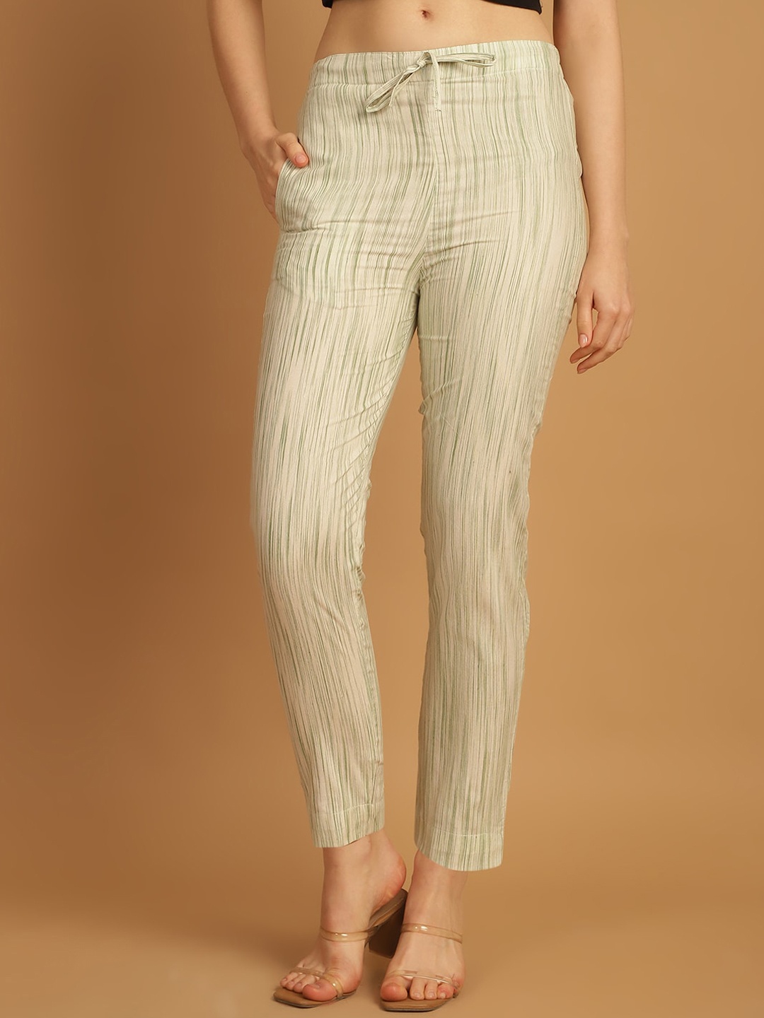 

Aarsha Women Striped Textured Mid-Rise Cotton Trouser, Off white