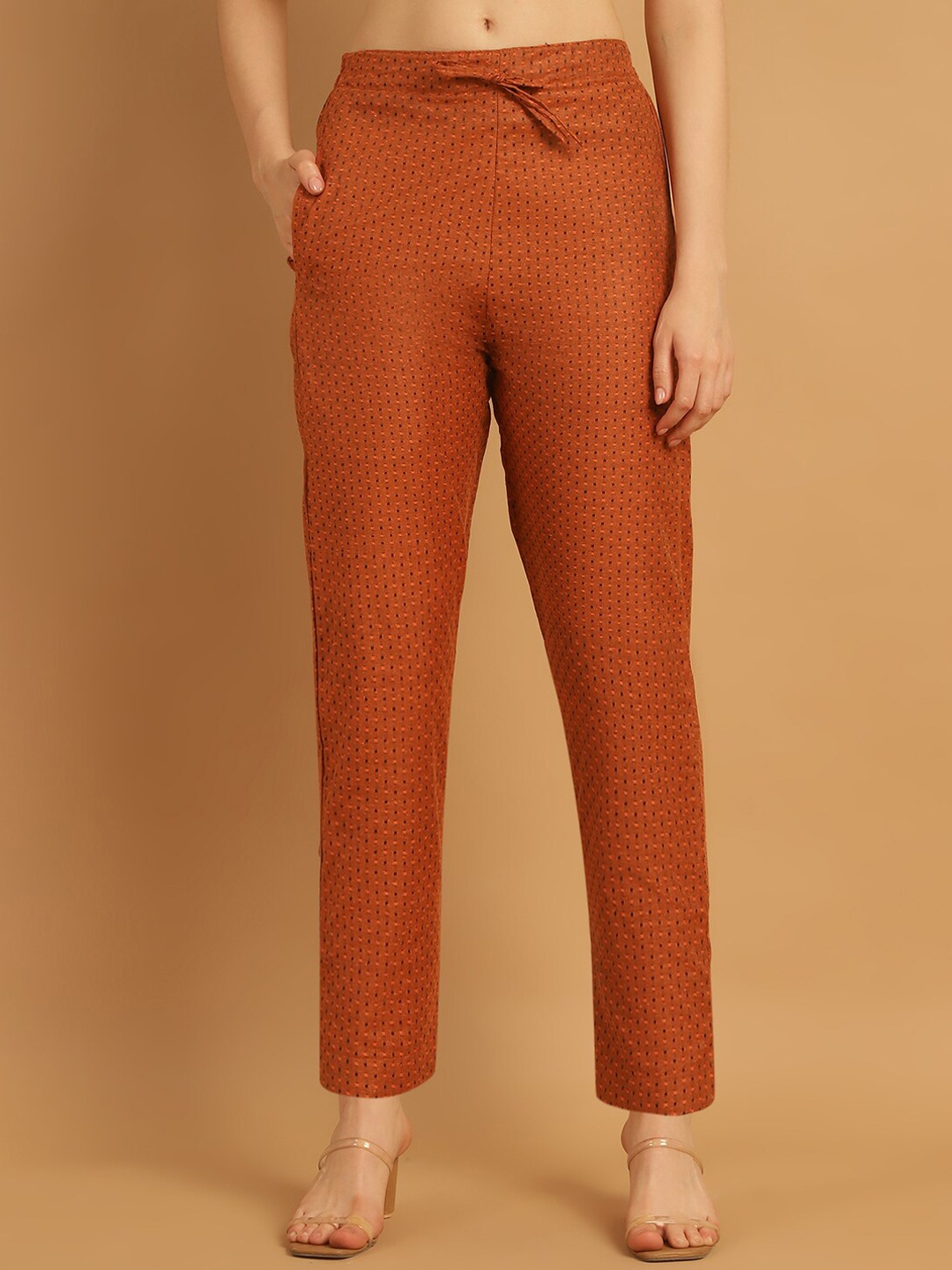 

Aarsha Women Geometric Self Design Low-Rise Trouser, Orange