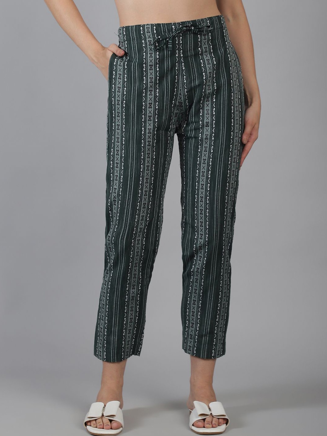 

Aarsha Women Striped Mid-rise Cotton Trouser, Green