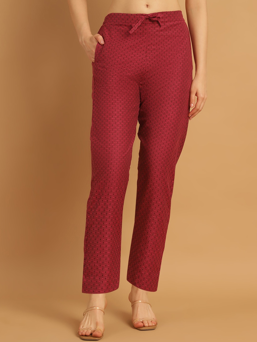 

Aarsha Women Mid-Rise Geometric Self Design Cotton Trouser, Pink