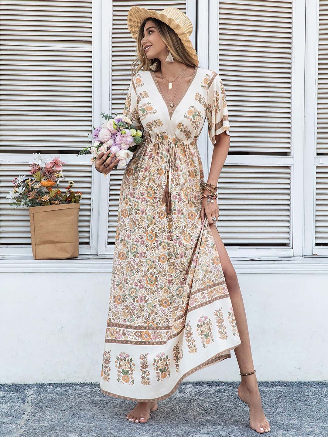 

JC Mode Floral Printed Flared Sleeve Waist Tie Up Maxi Dress, Beige
