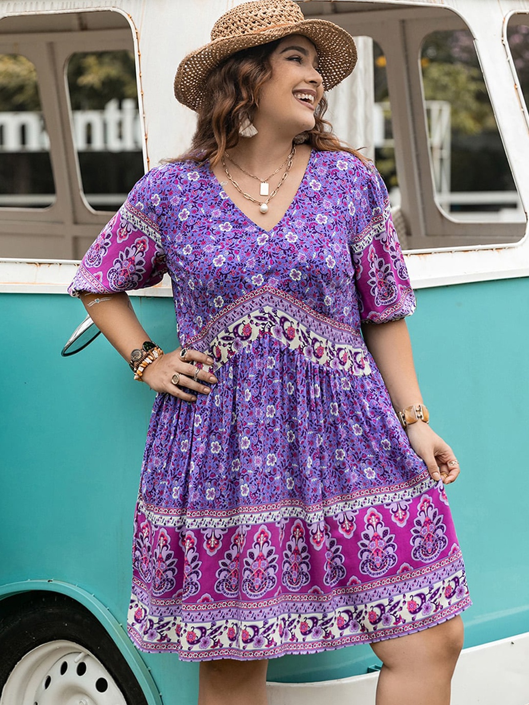 

JC Mode Floral Print V-Neck A-Line Dress, Purple