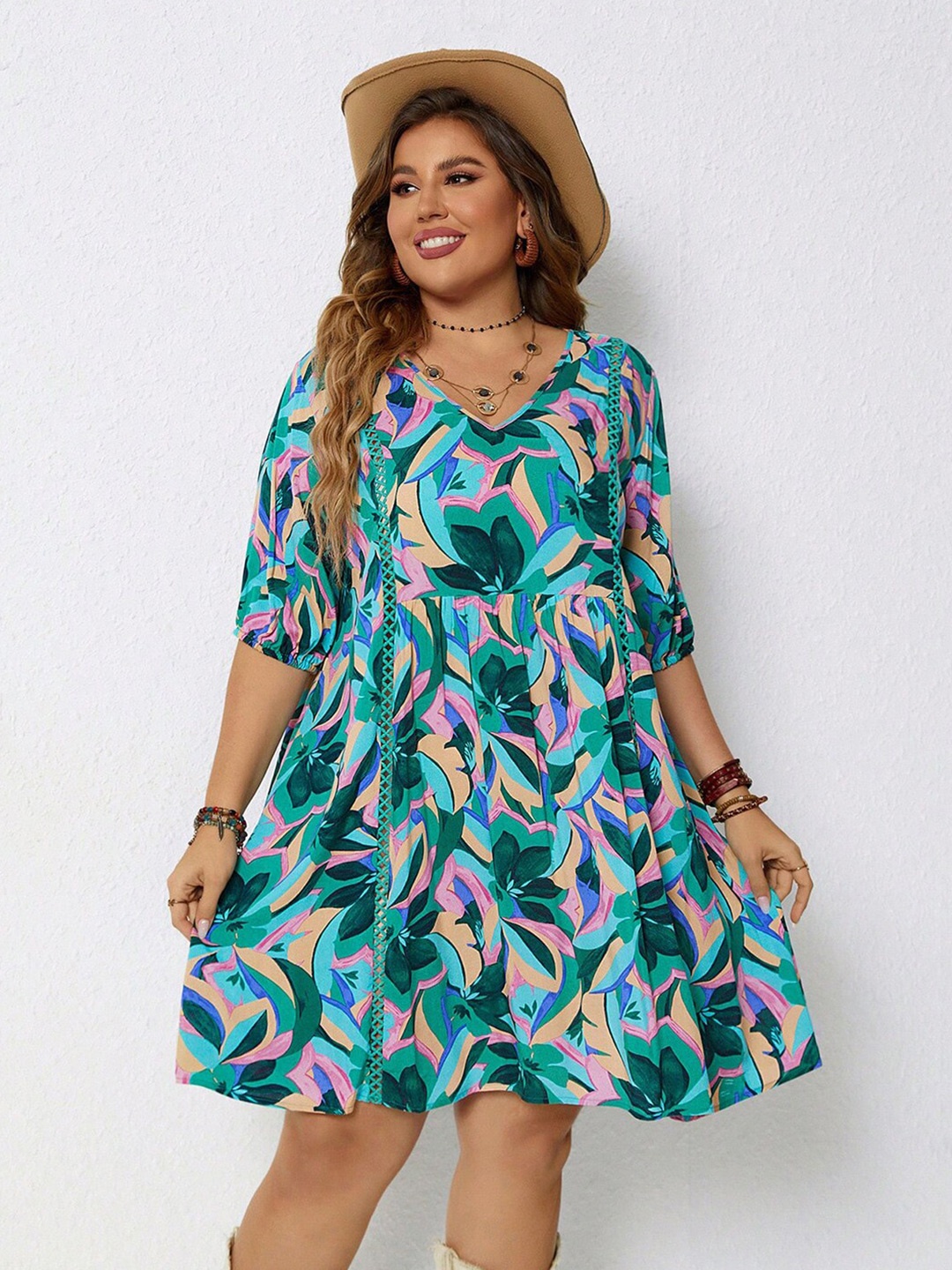 

JC Mode Floral Print V-Neck Fit & Flare Dress, Green