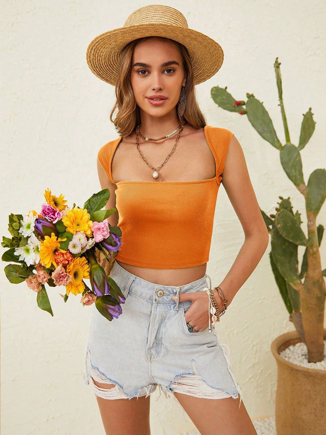 

JC Mode Square Neck Crop Styled Back Top, Orange