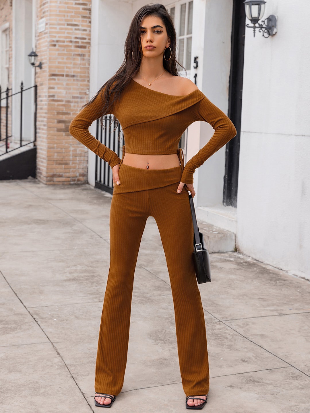 

JC Mode One Shoulder Tie Up Fitted Crop Top, Brown