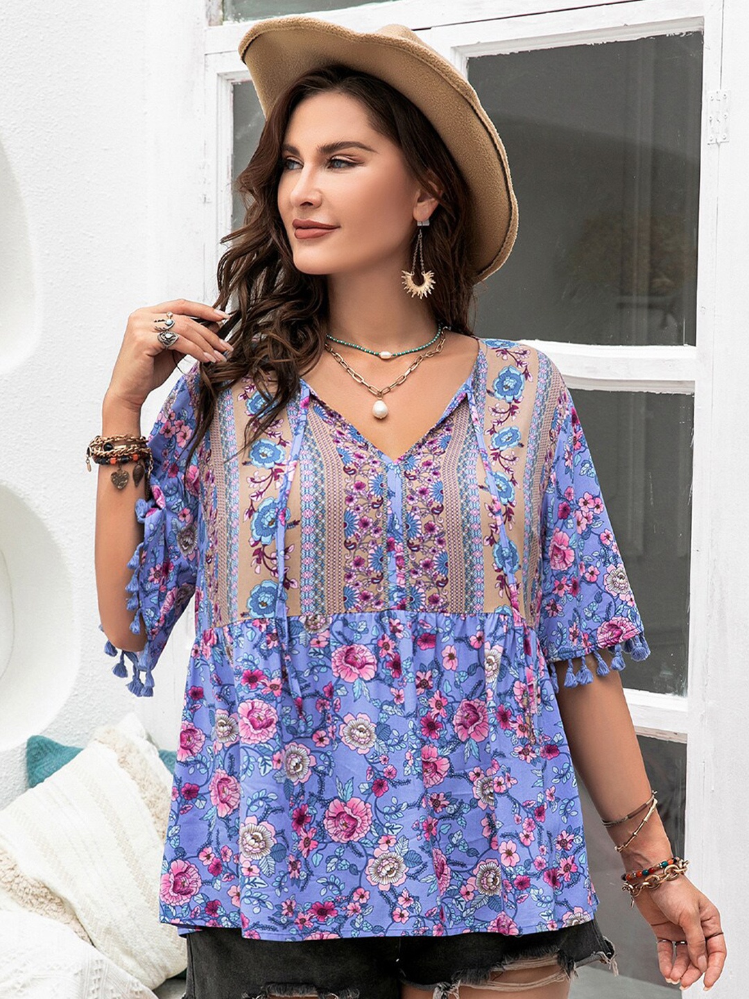 

JC Mode Floral Printed Tie-Up Neck Top, Blue