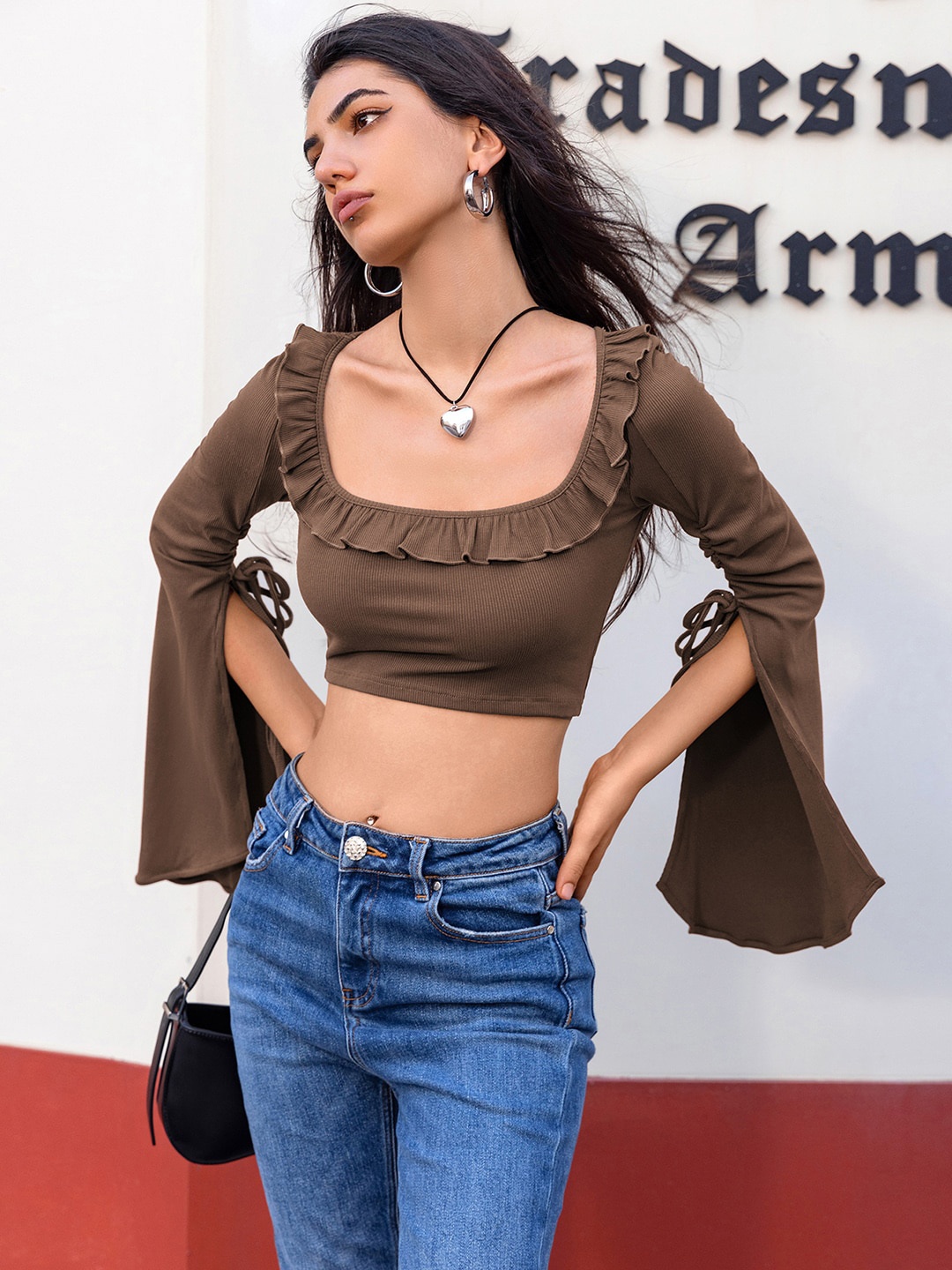 

JC Mode Scoop Neck Long Slit Sleeves Fitted Crop Top, Brown