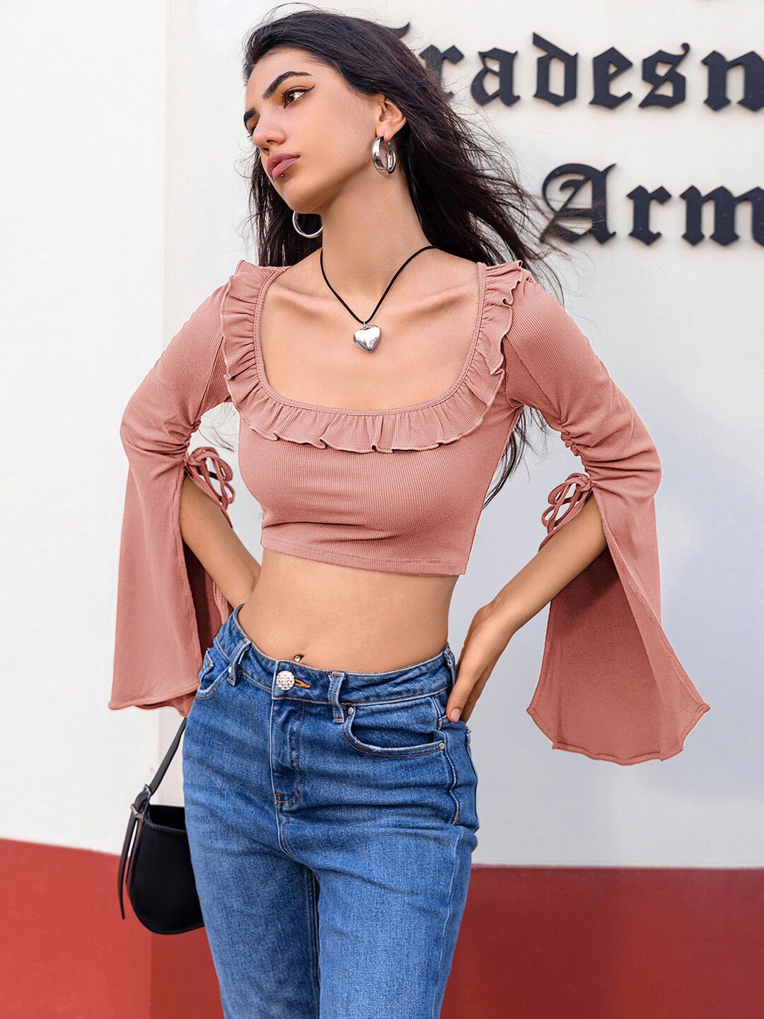 

JC Mode Square Neck Flared Sleeves Fitted Crop Top, Pink