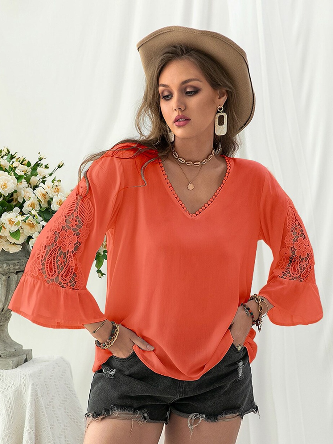 

JC Mode V Neck Flared Sleeve Regular Top, Orange