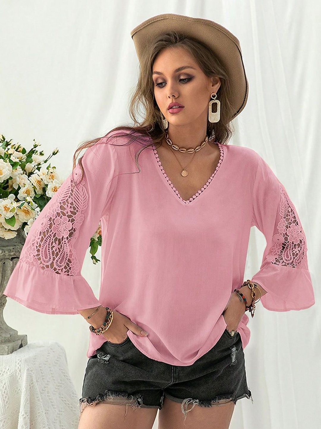 

JC Mode V-Neck Bell Sleeve Top, Pink