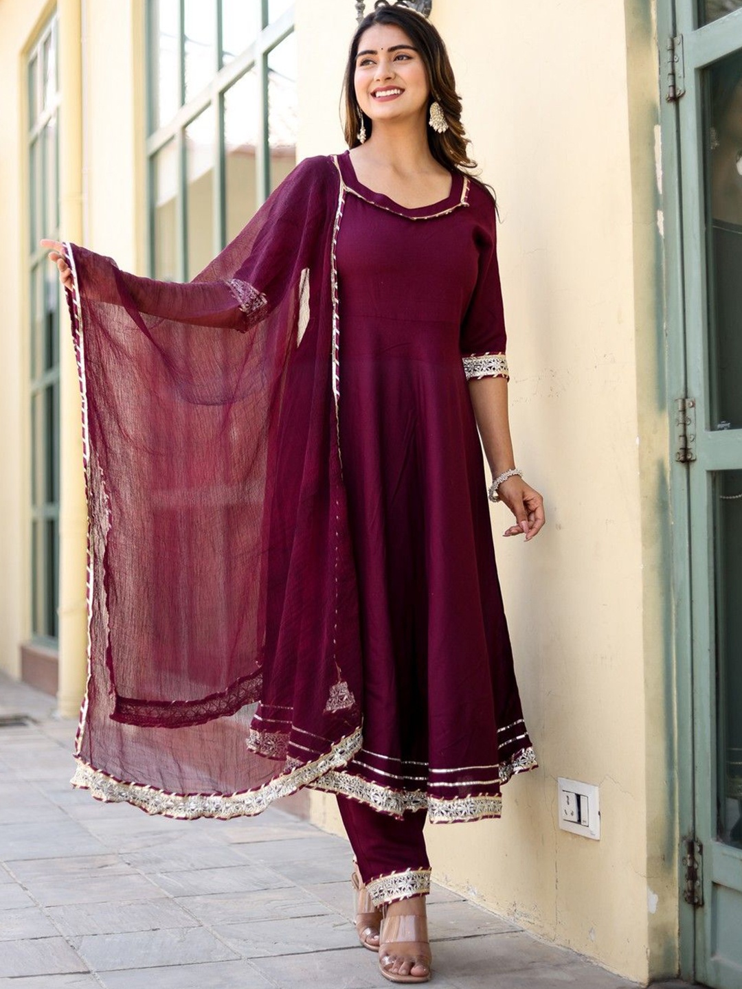 

HEBA Round Neck Three-Quarter Sleeves Gotta Patti Kurta with Palazzos & With Dupatta, Purple