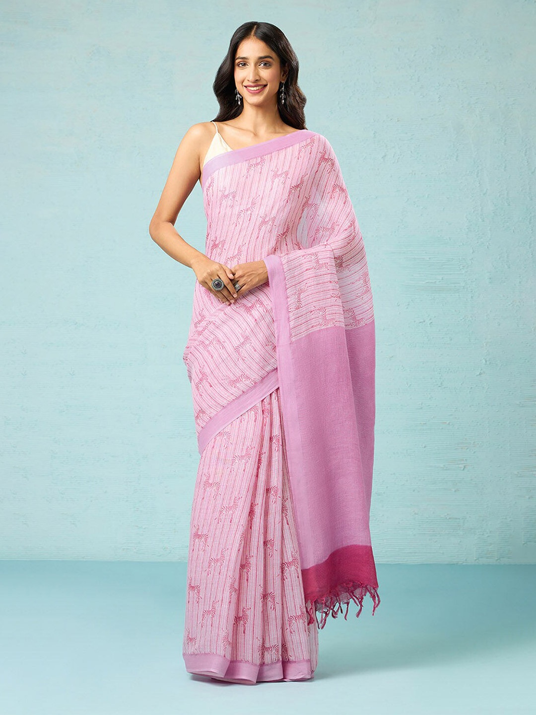 

Taneira Striped Zari Pure Linen Saree, Pink