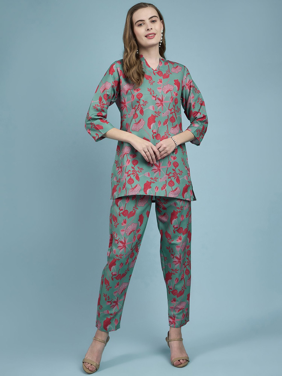 

all about you Olive Floral Printed V-Neck Tunic With Trousers