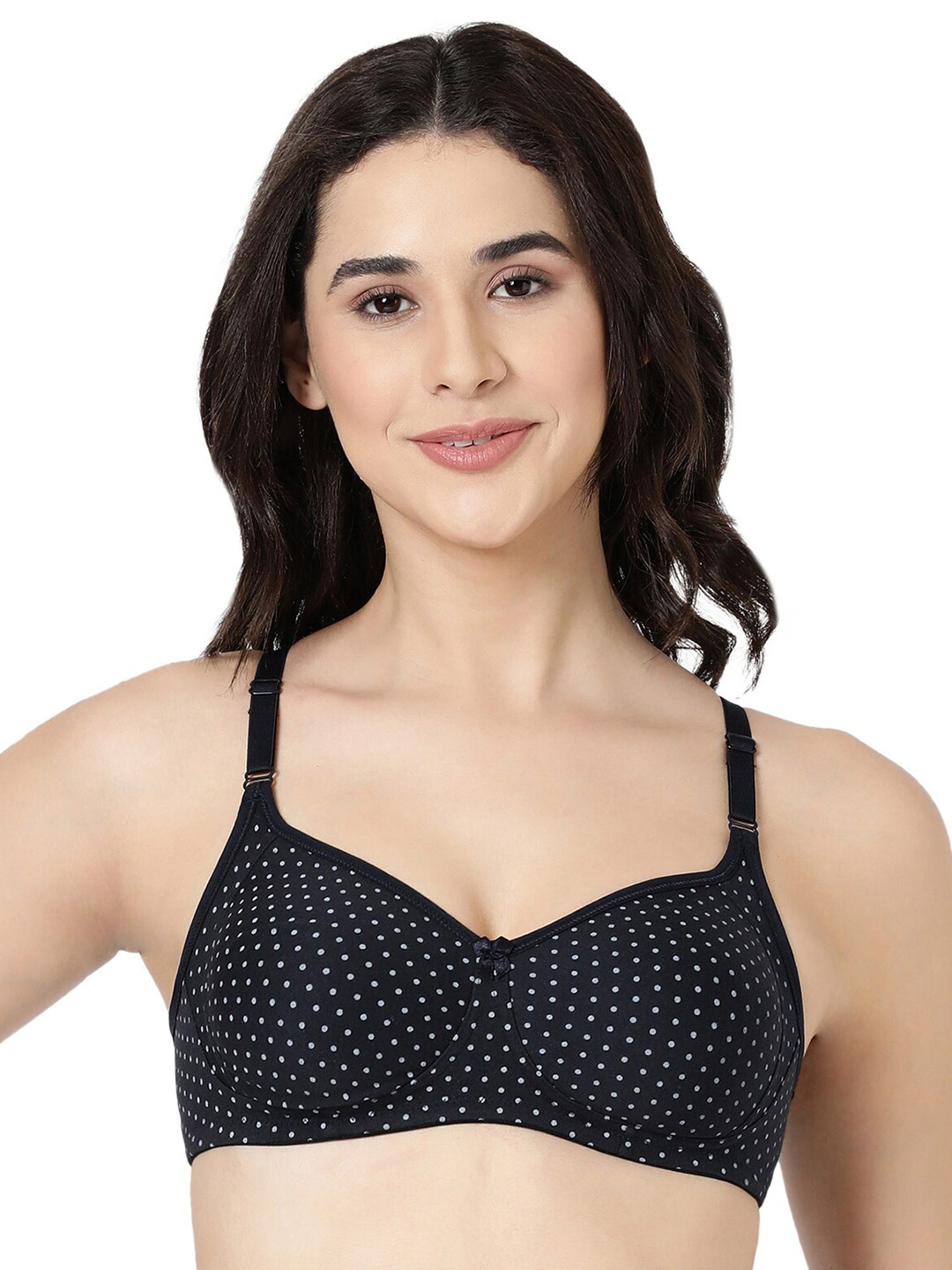 

BLOSSOM Polka Dot Full Coverage Non Padded T-shirt Bra-All Day Comfort, Navy blue