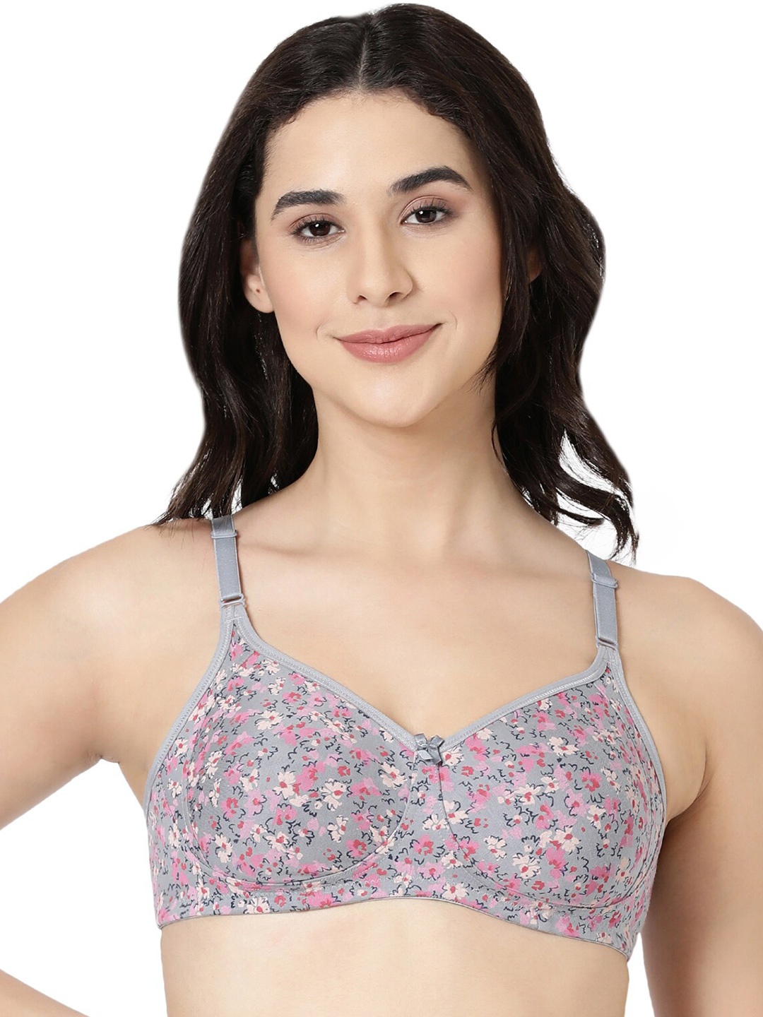 

BLOSSOM Floral Printed Full Coverage Medium Support T-shirt Bra - All Day Comfort, Grey