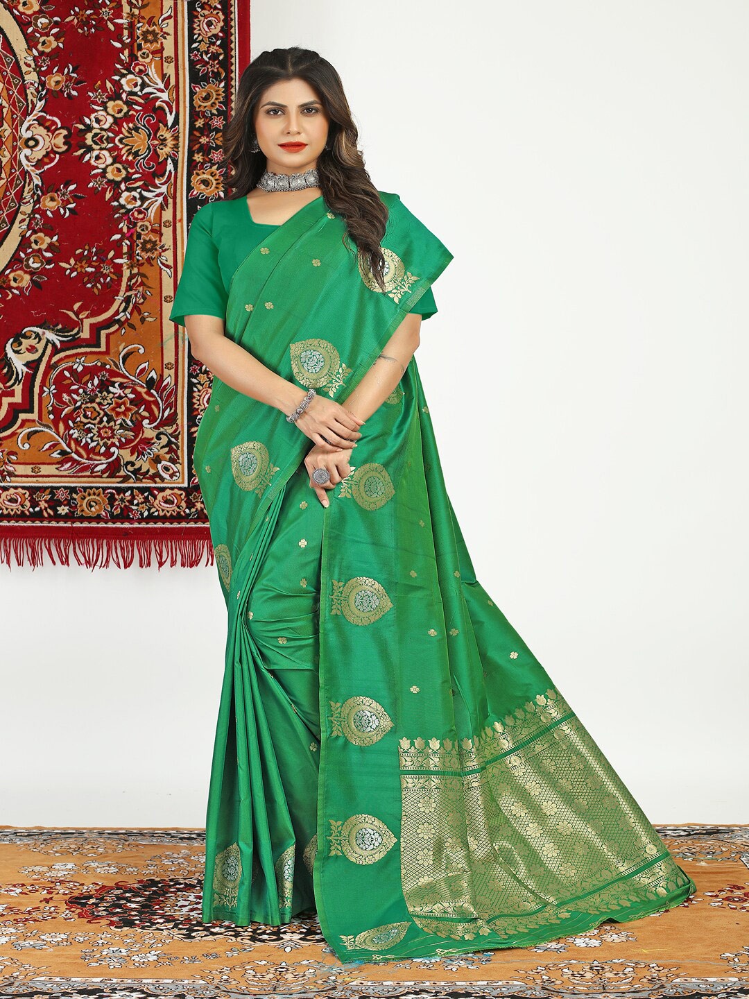 

SGF11 Woven Design Zari Art Silk Kanjeevaram Saree, Green