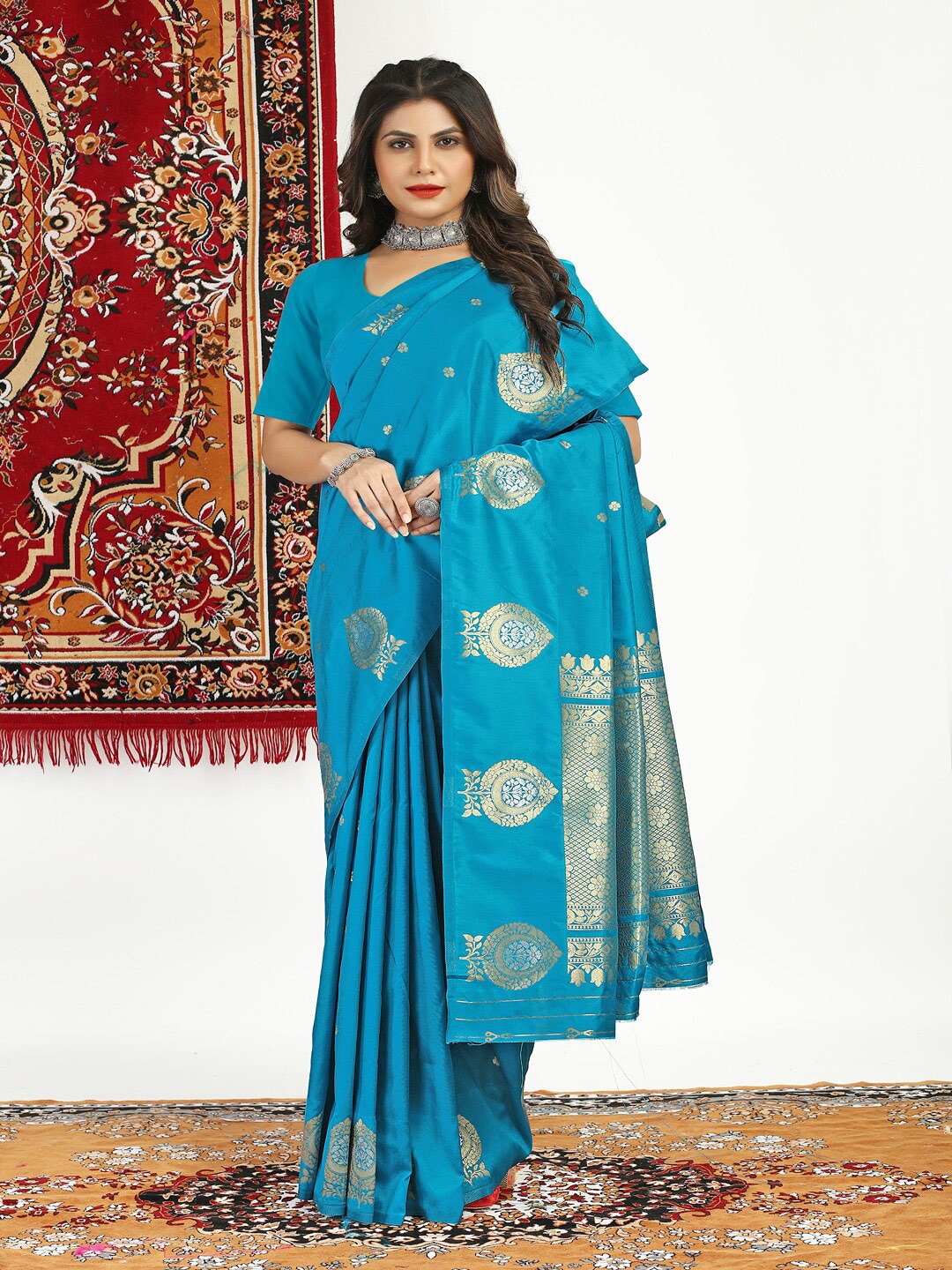 

SGF11 Woven Design Zari Art Silk Kanjeevaram Saree, Turquoise blue