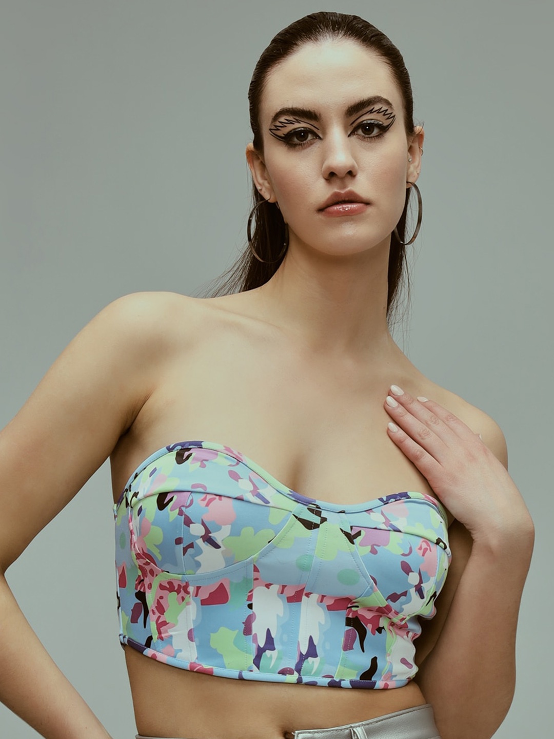 

TANDUL Floral Printed Strapless Crop Tube Top, Blue