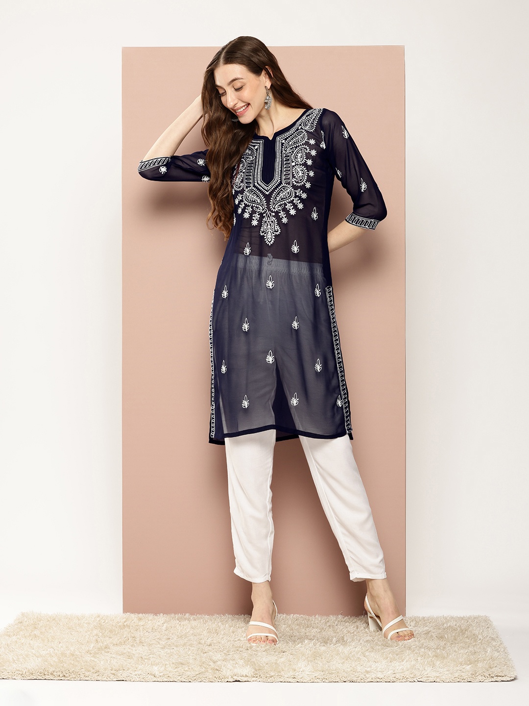 

Ironic Creation Women Floral Embroidered Georgette A-Line Kurta, Navy blue
