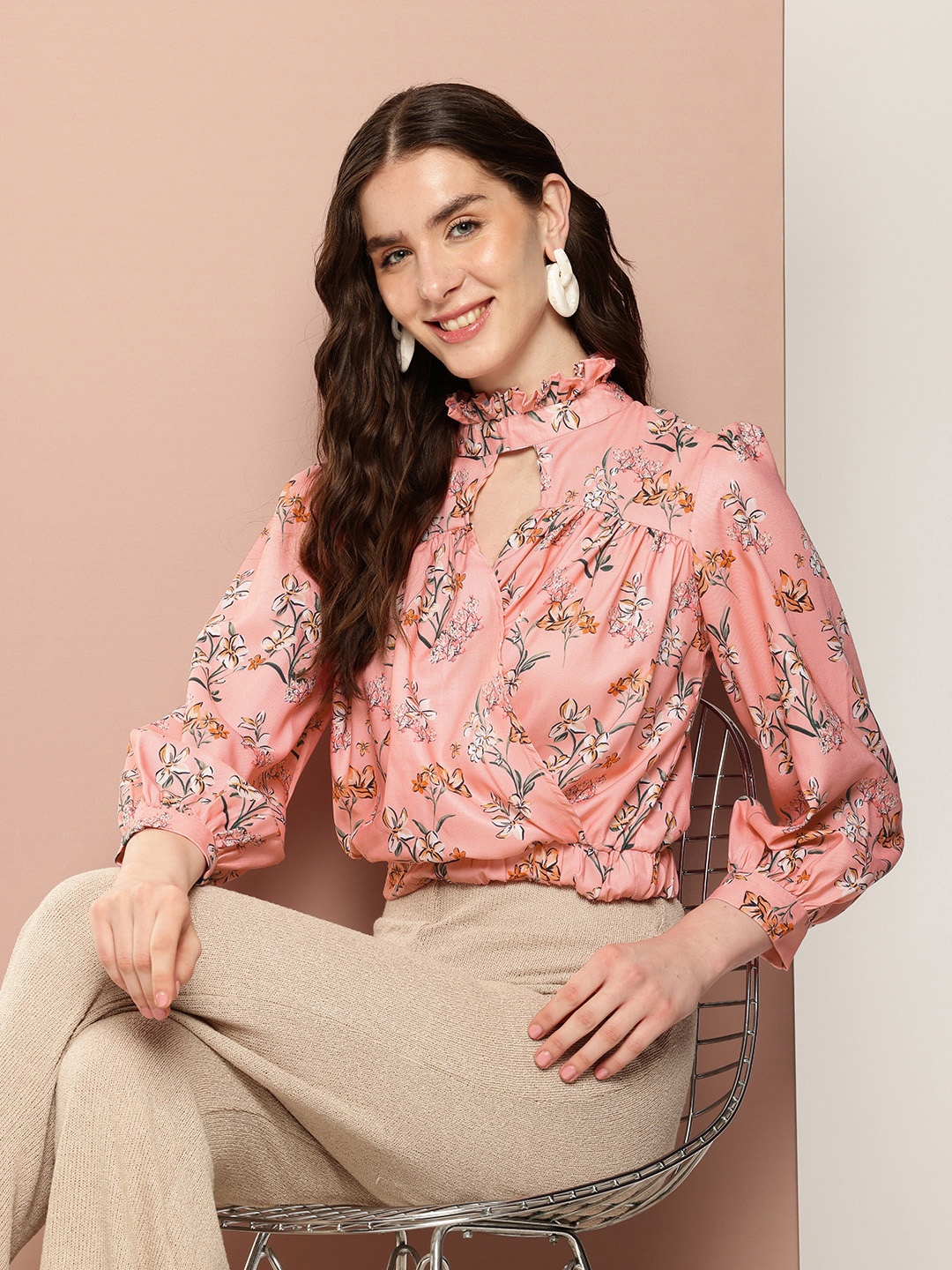 

Ironic Creation Floral Print Keyhole Neck Puff Sleeve Blouson Top, Peach