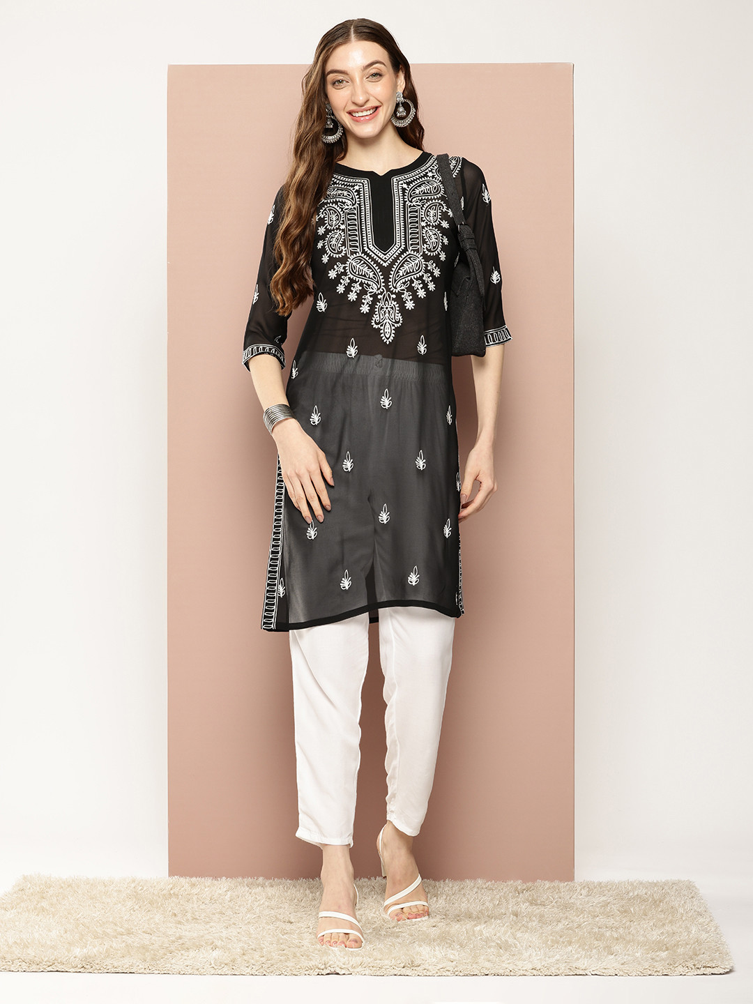 

Ironic Creation Women Floral Embroidered Georgette A-Line Kurta, Black