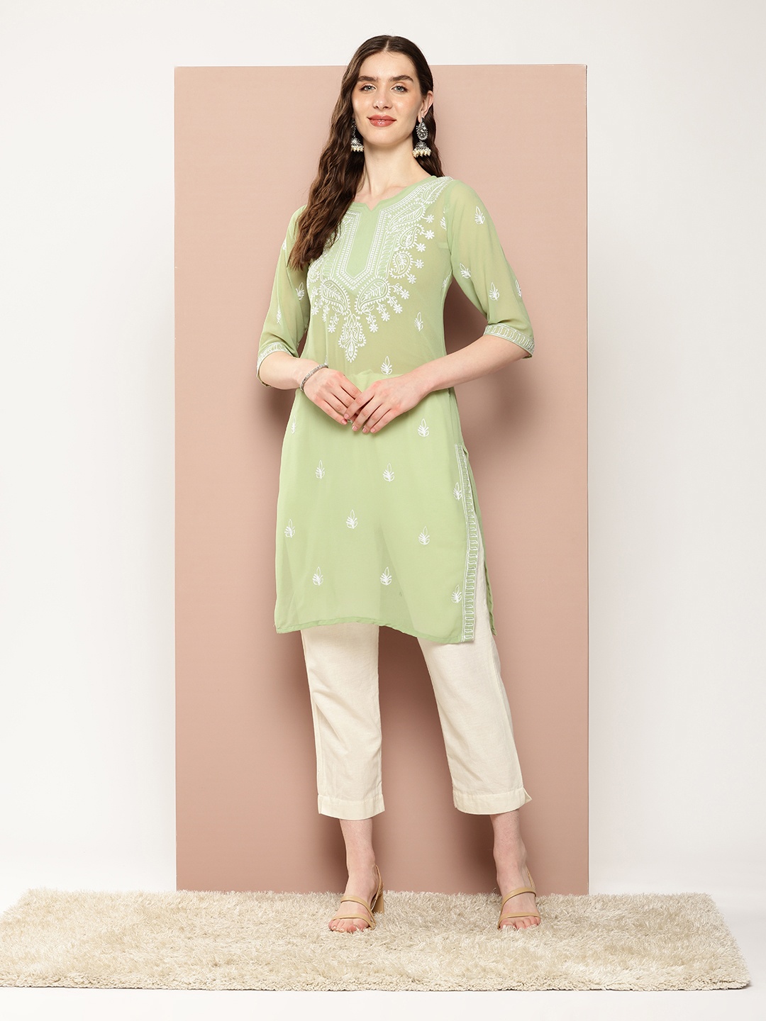 

Ironic Creation Women Floral Embroidered Georgette A-Line Kurta, Green