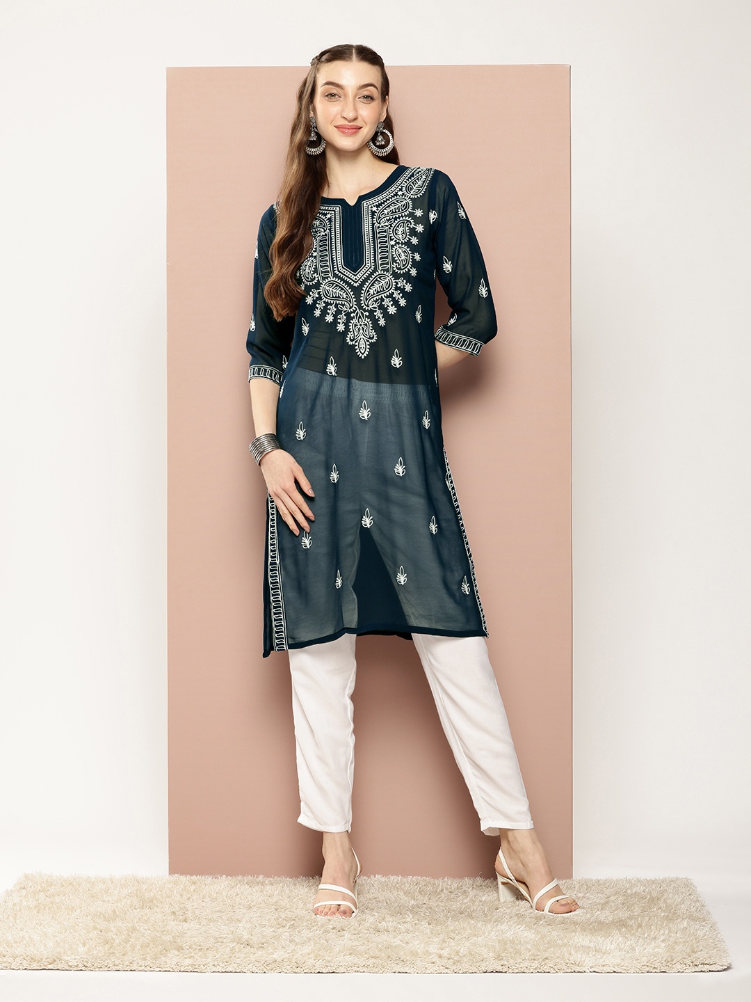 

Ironic Creation Women Floral Embroidered Georgette A-Line Kurta, Blue