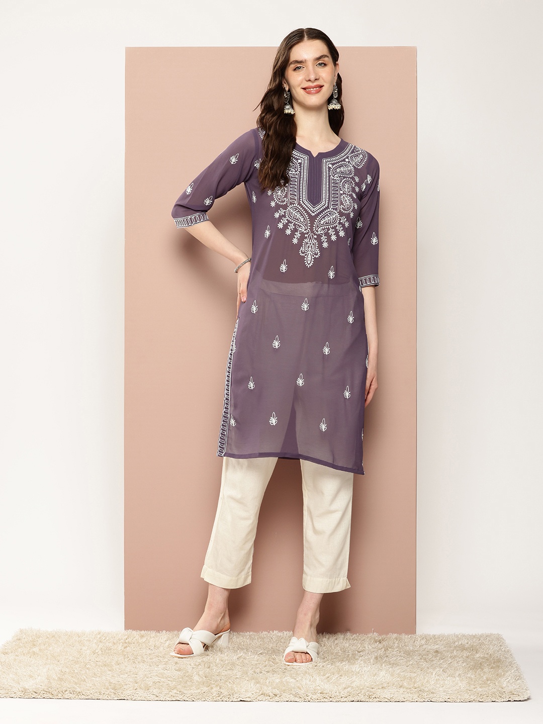 

Ironic Creation Women Floral Embroidered Georgette A-Line Kurta, Purple