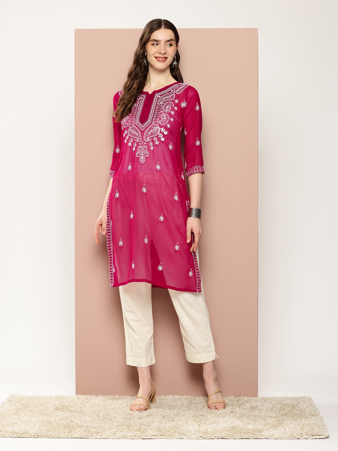 

Ironic Creation Women Floral Embroidered Georgette A-Line Kurta, Pink