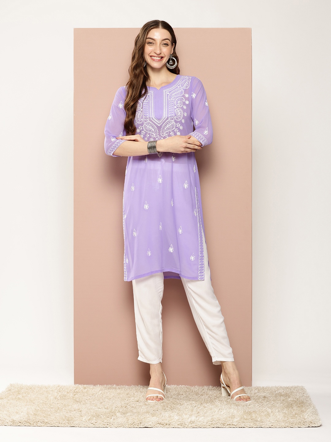 

Ironic Creation Women Floral Embroidered Georgette A-Line Kurta, Lavender