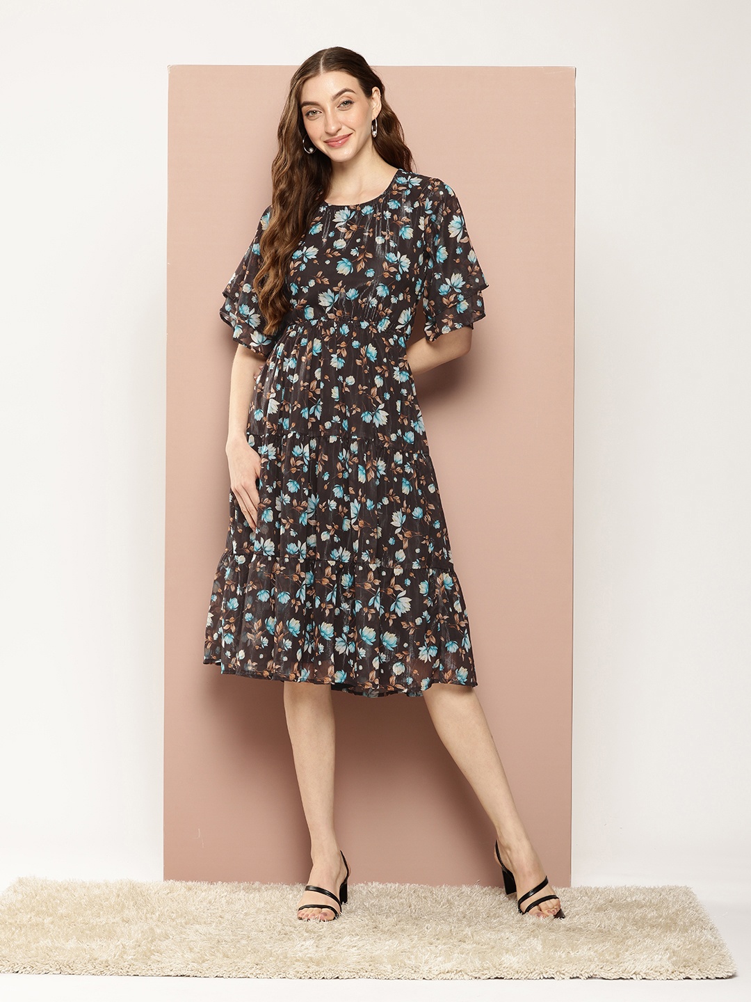 

Ironic Creation Floral Print Flared Sleeve Fit & Flare Midi Dress, Black