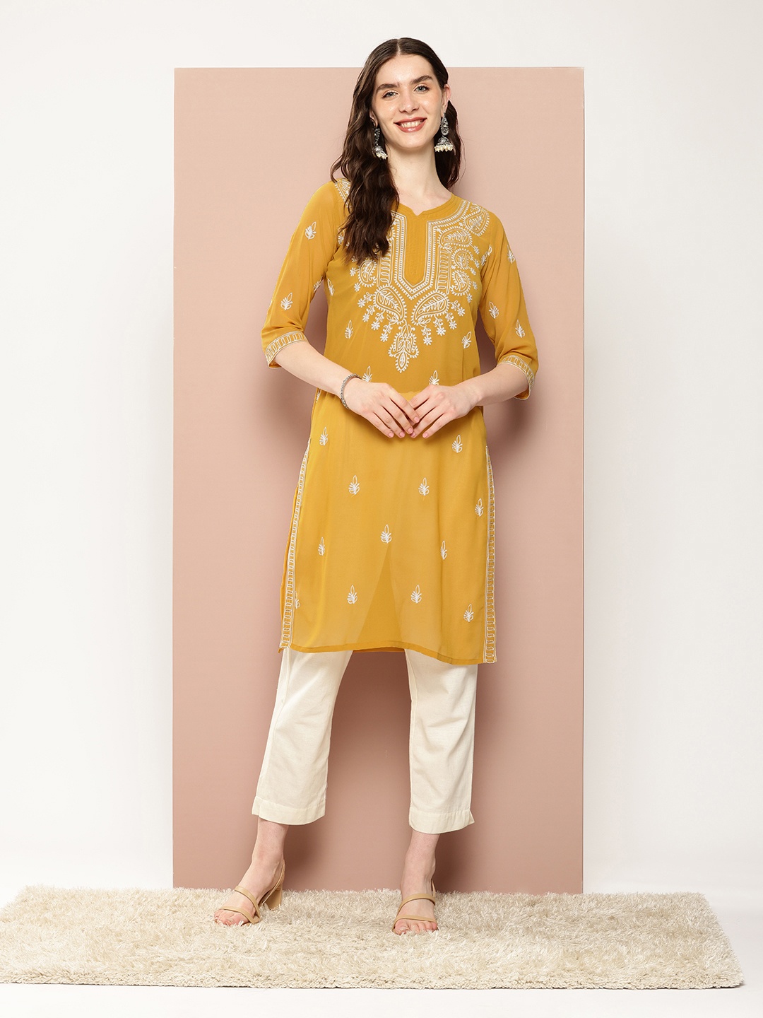 

Ironic Creation Women Floral Embroidered Georgette A-Line Kurta, Mustard