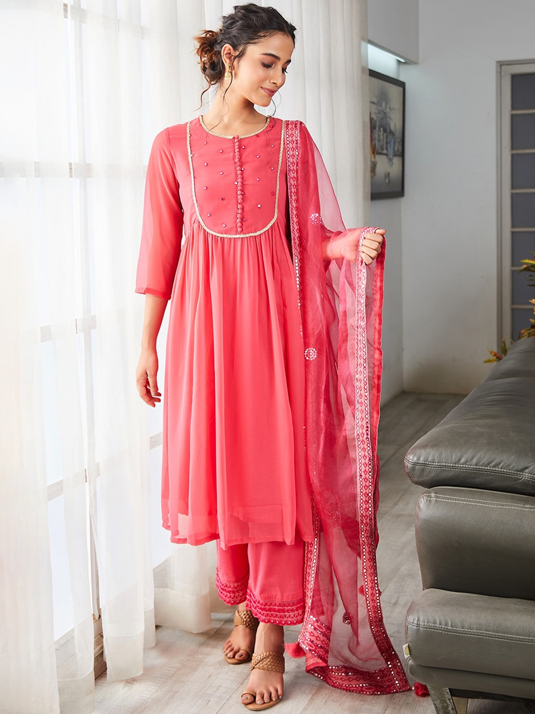 

Biba Embroidered Pleated Kurta With Palazzo & Dupatta, Pink