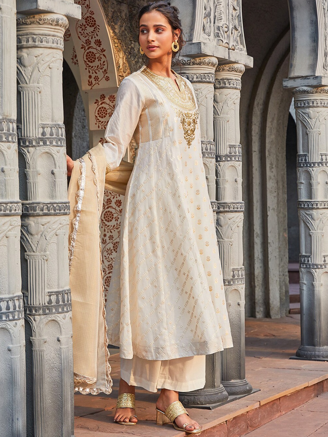 

Biba Woven Yoke Design Angrakha Kurta With Palazzo & Dupatta, Off white
