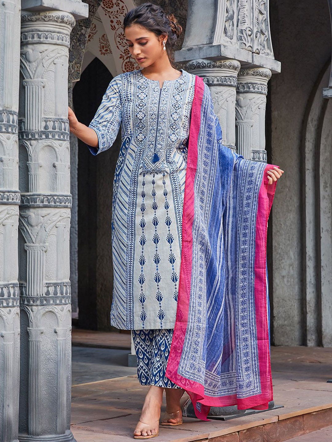 

Biba Ethnic Motifs Printed Pure Cotton Kurta With Palazzo & Dupatta, Blue