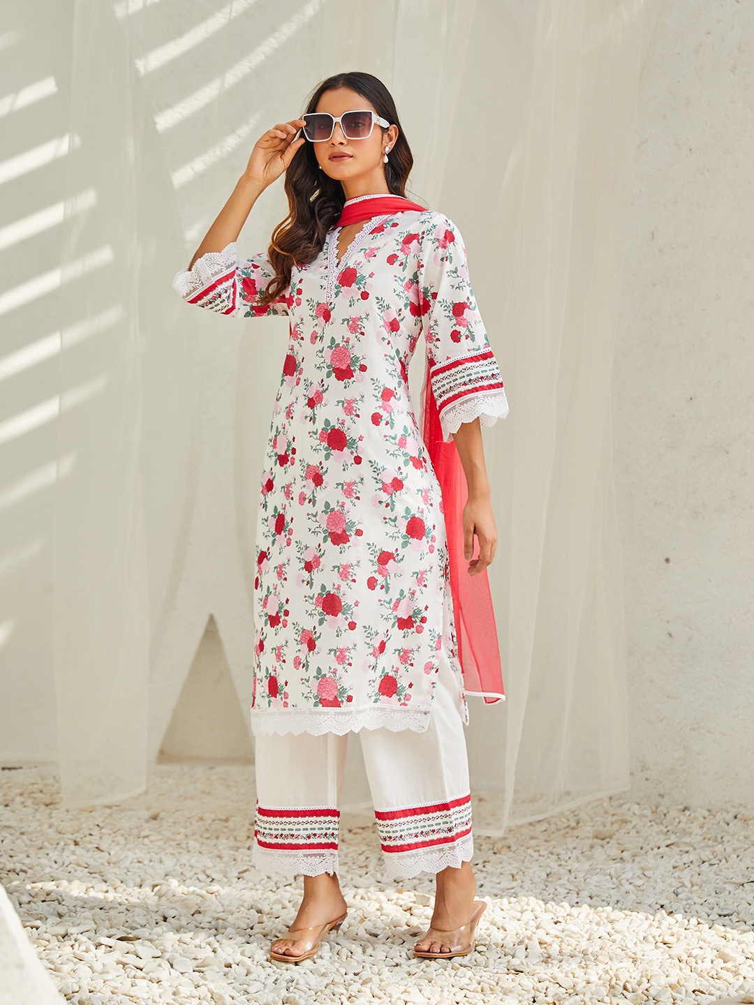 

Biba Women Floral Printed Regular Pure Cotton Kurta With Palazzos & With Dupatta, White