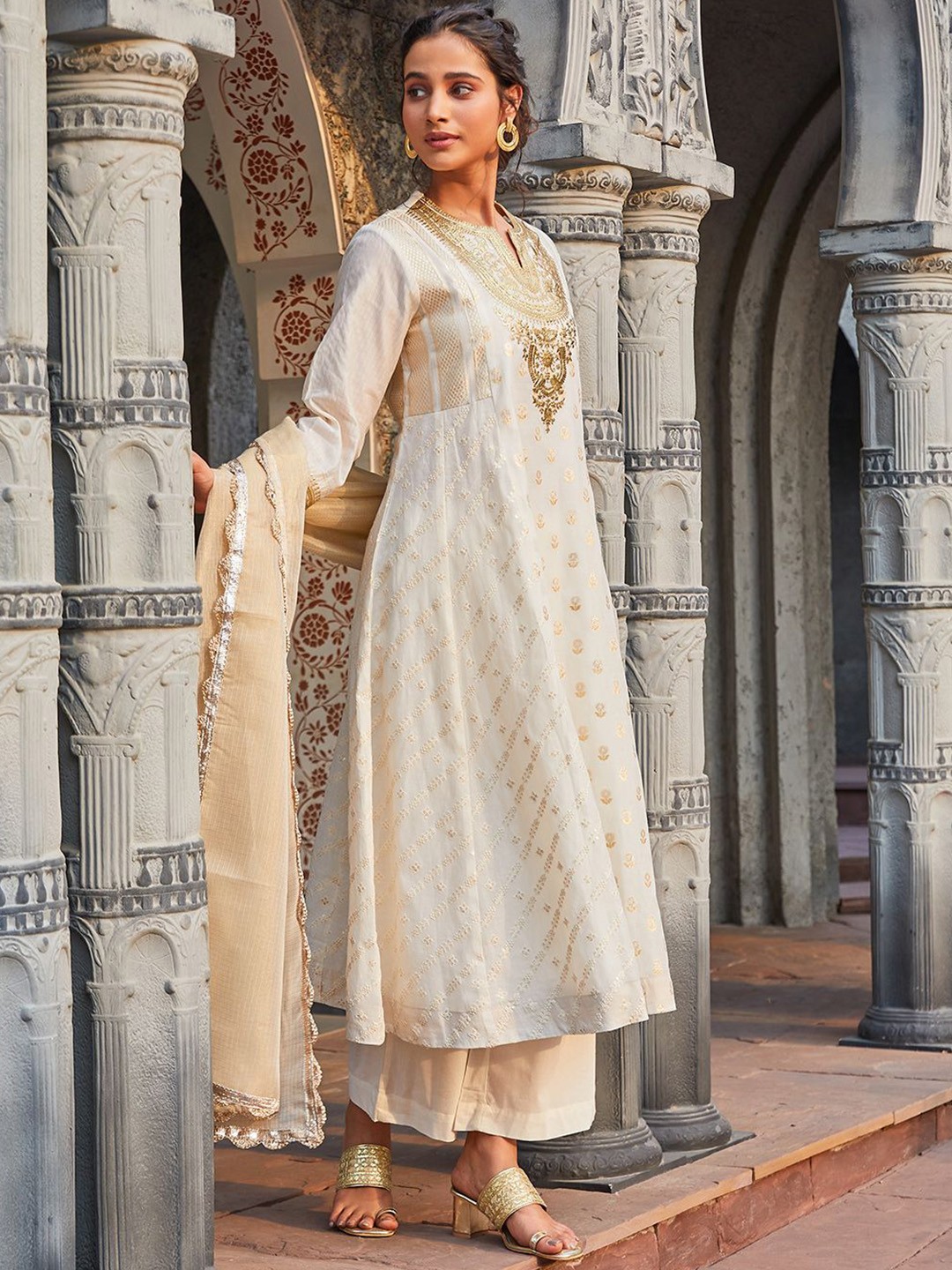 

Biba Ethnic Motifs Empire Kurta With Palazzo & Dupatta, Off white